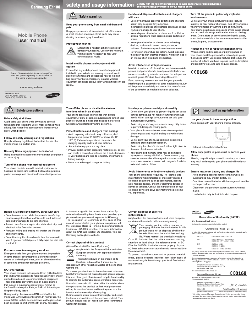Page n°1 - Manuel utilisateur Samsung E1100