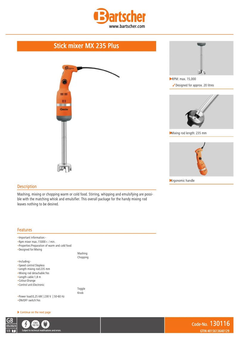 Page 1 de la notice Fiche technique Bartscher MX 235 Plus