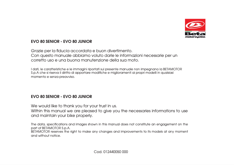 Page n°1 - Manuel utilisateur Beta EVO 80 Senior (2018)
