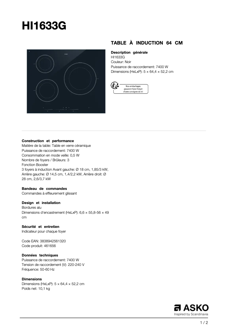 Page n°1 - Fiche technique Asko HI1633G