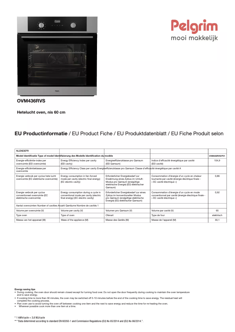 Page 1 de la notice Fiche technique Pelgrim OVM436RVS