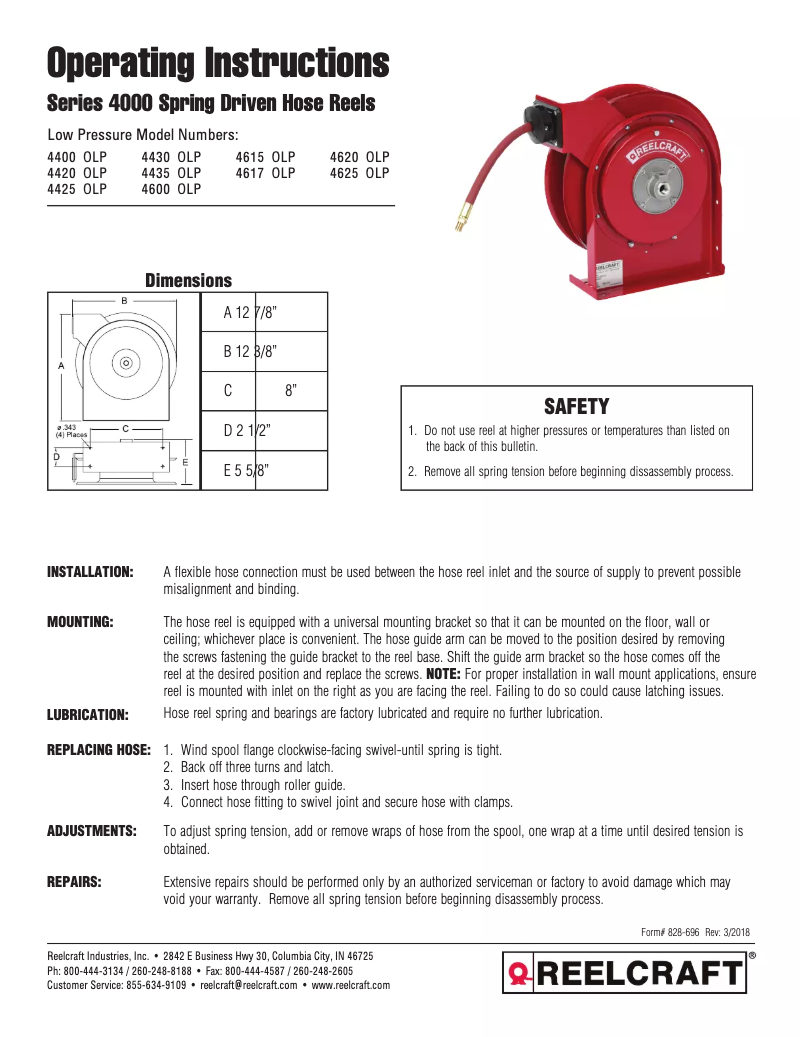 Page n°1 - Manuel utilisateur Reelcraft 4625 OLP