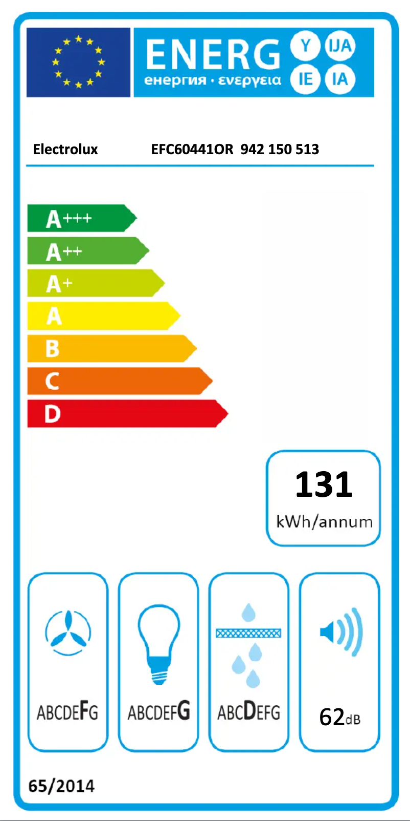 Page 1 de la notice Label énergétique Electrolux EFC60441OR