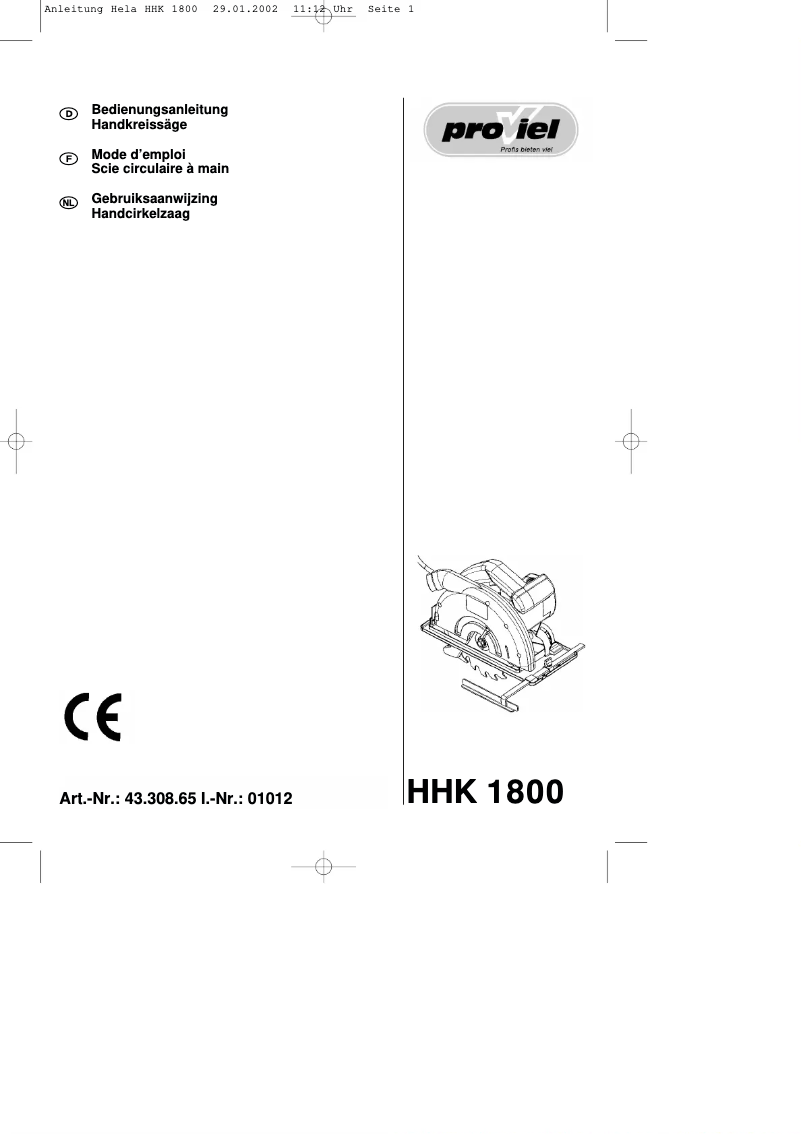 Page n°1 - Manuel utilisateur Proviel HHK 1800