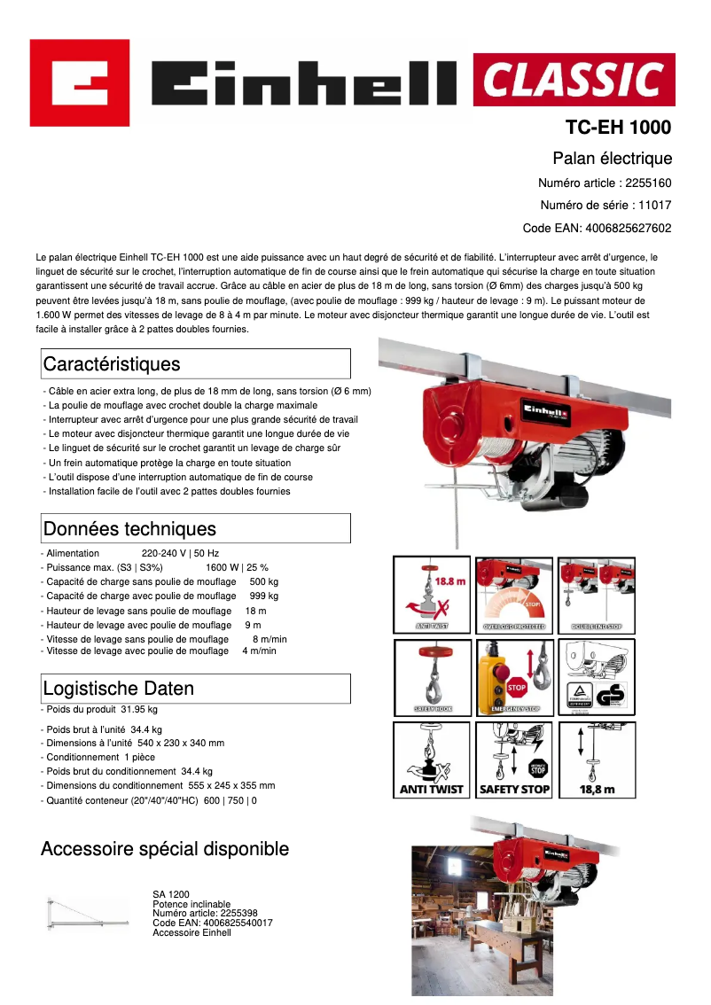 Page 1 de la notice Fiche technique Einhell TC-EH 1000