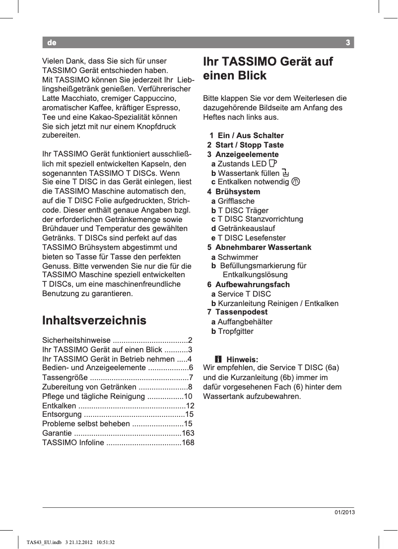 Image de la première page du manuel de l'appareil Tassimo TAS4303