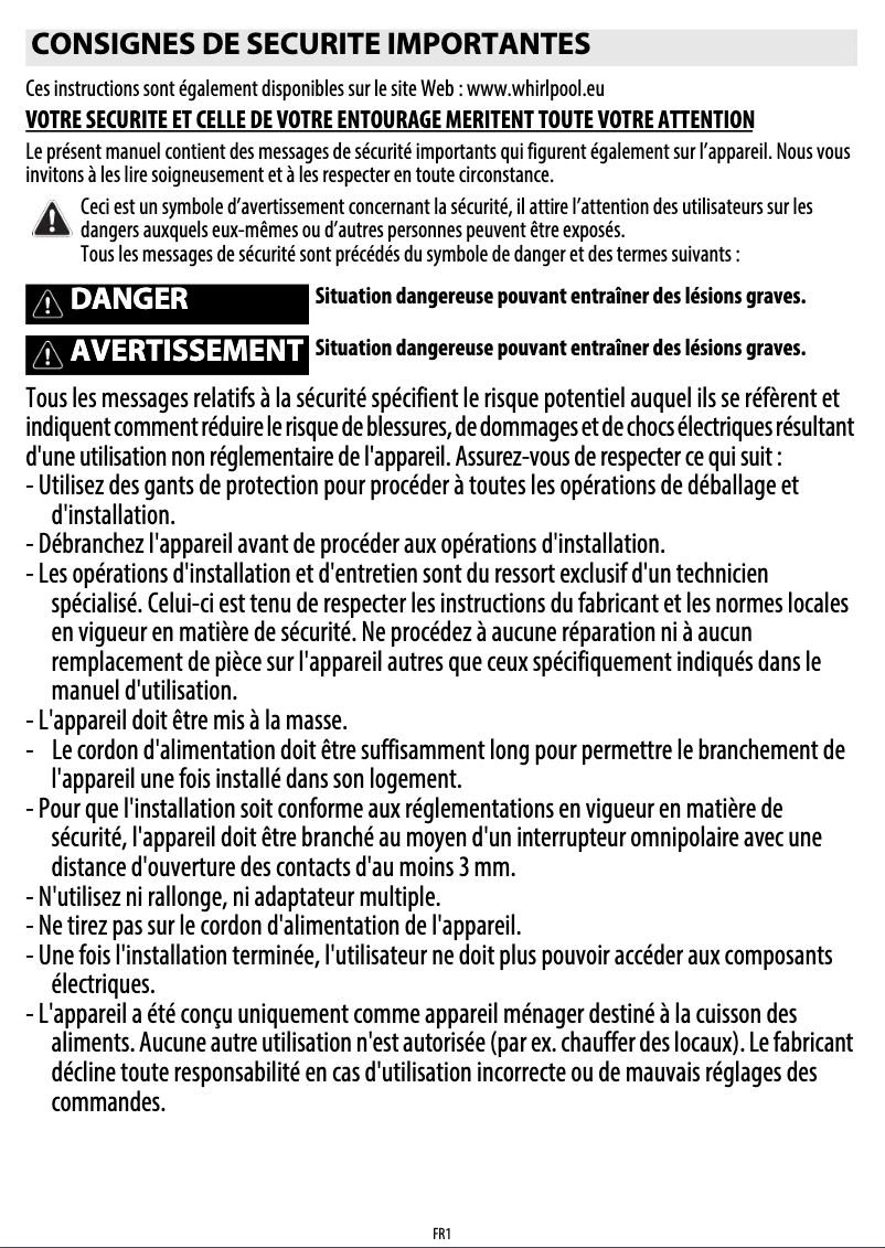 Page 1 de la notice Manuel utilisateur Whirlpool ACM 866/BF