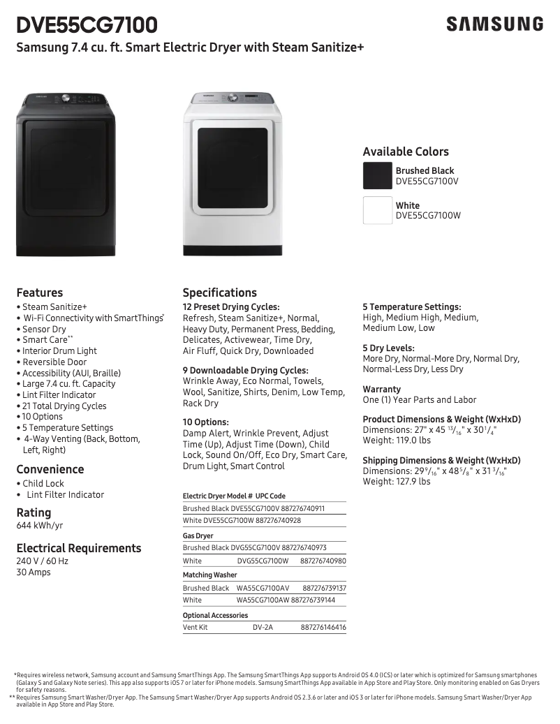 Page 1 de la notice Fiche technique Samsung DVE55CG7100V
