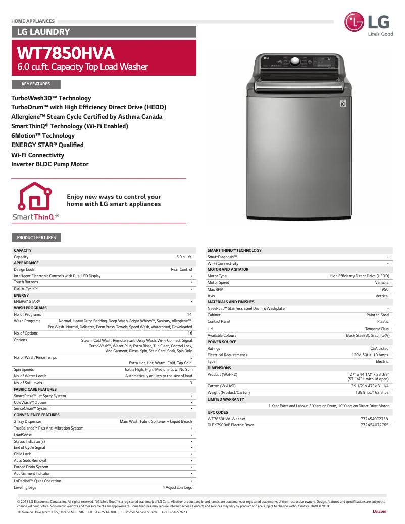 Página 1 del manual Ficha técnica LG WT7850HVA