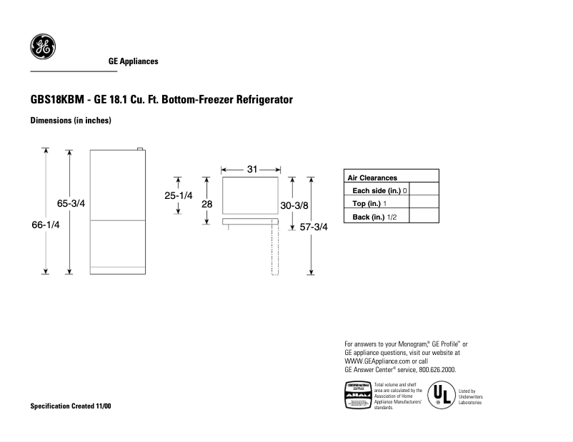 Page 1 de la notice Fiche technique GE GBS18KBMCC