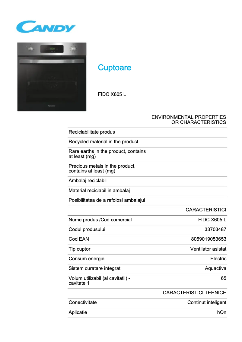 Page 1 de la notice Fiche technique Candy FIDC X605 L