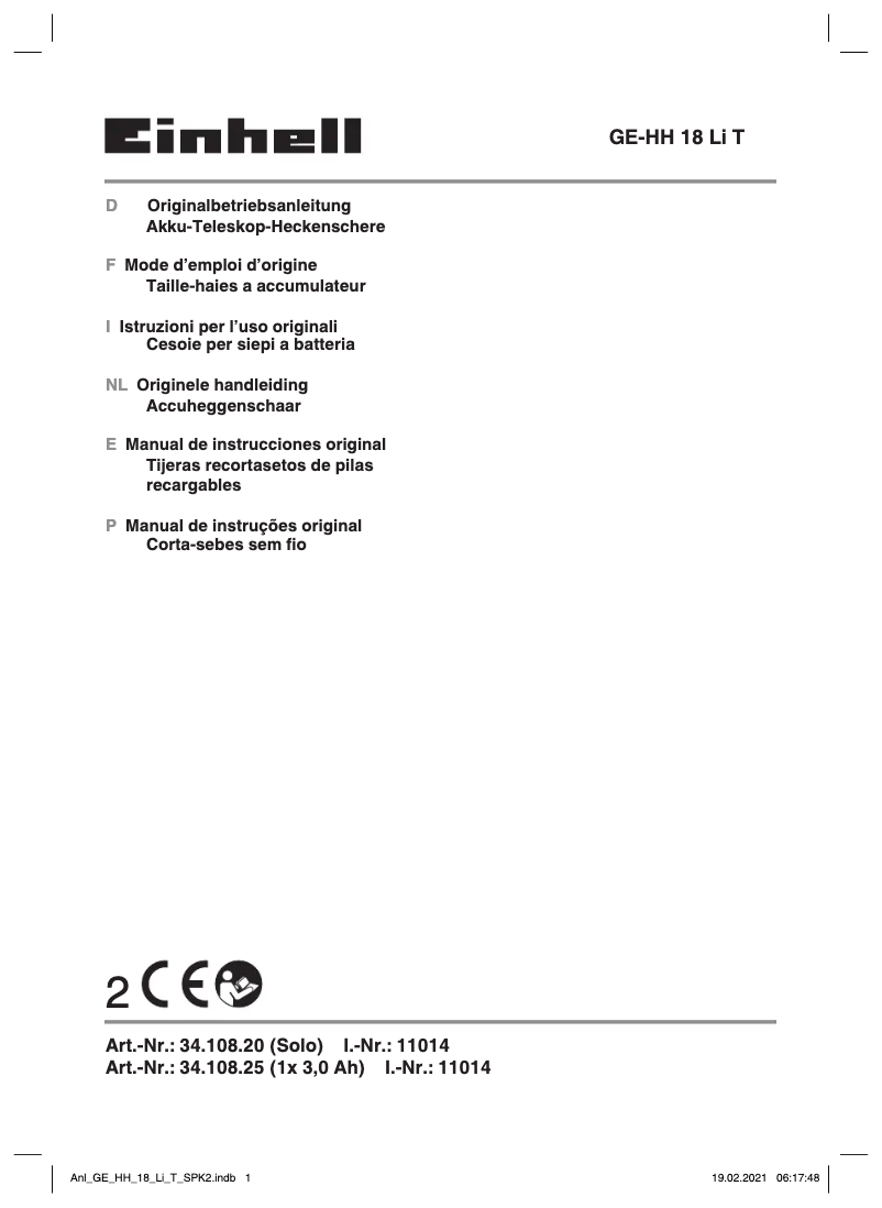 Page n°1 - Manuel utilisateur Einhell GE-HH 18 Li T-Solo