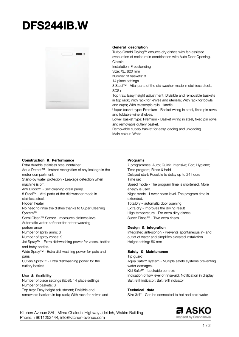 Page n°1 - Fiche technique Asko DFS244IB