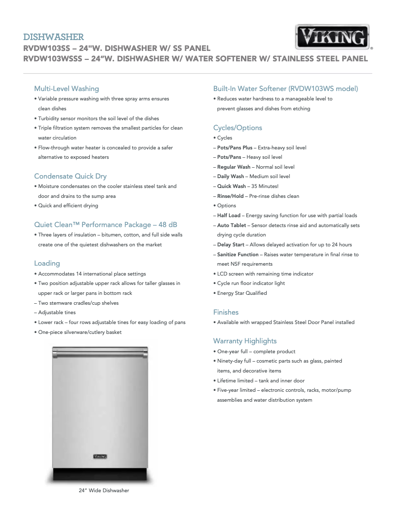 Page 1 de la notice Fiche technique Viking RVDW103WSSS