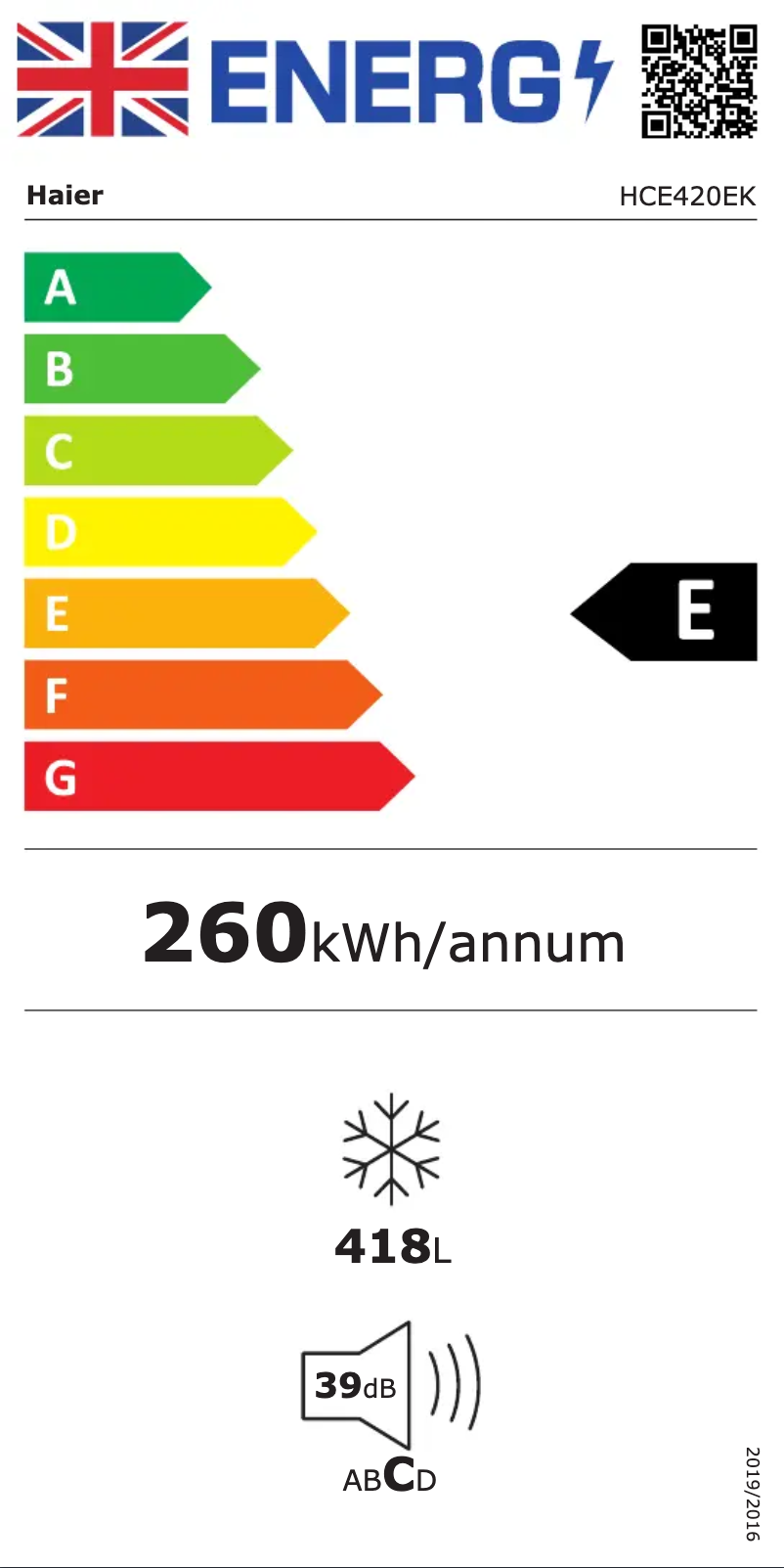 Page 1 de la notice Label énergétique Haier HCE420EK
