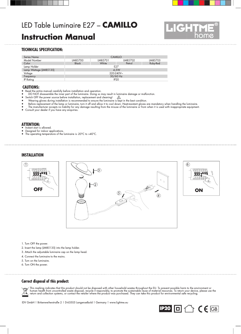 Image de la première page du manuel de l'appareil Camillo