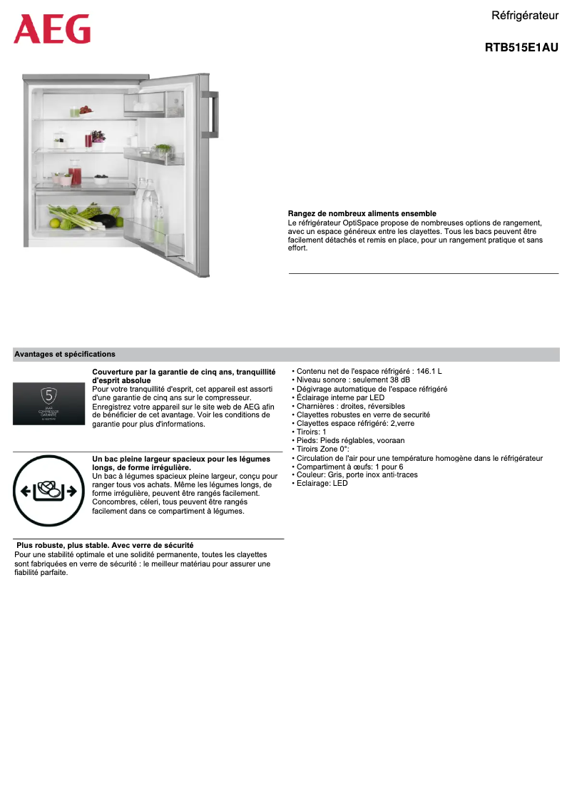 Page 1 de la notice Fiche technique AEG RTB515E1AU