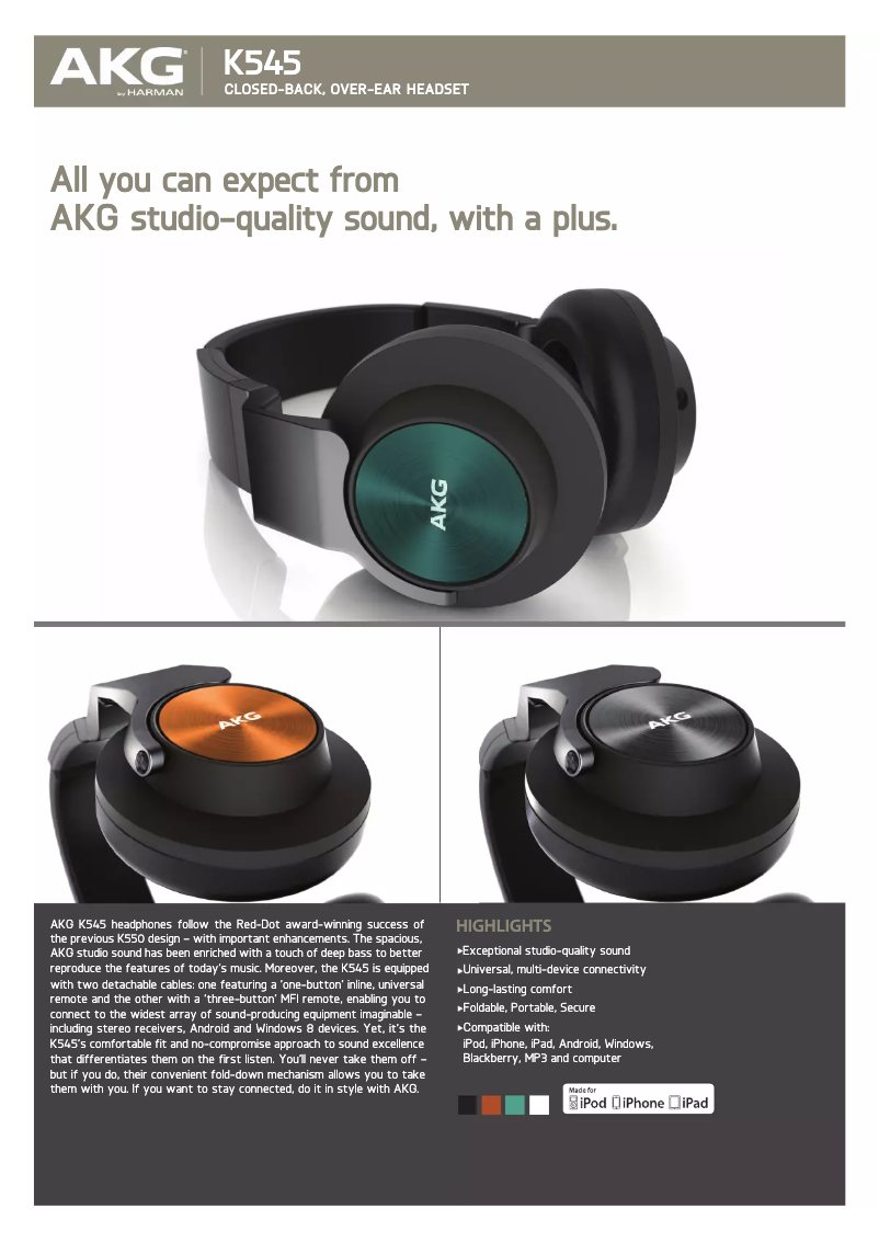 Page 1 de la notice Manuel utilisateur AKG K545