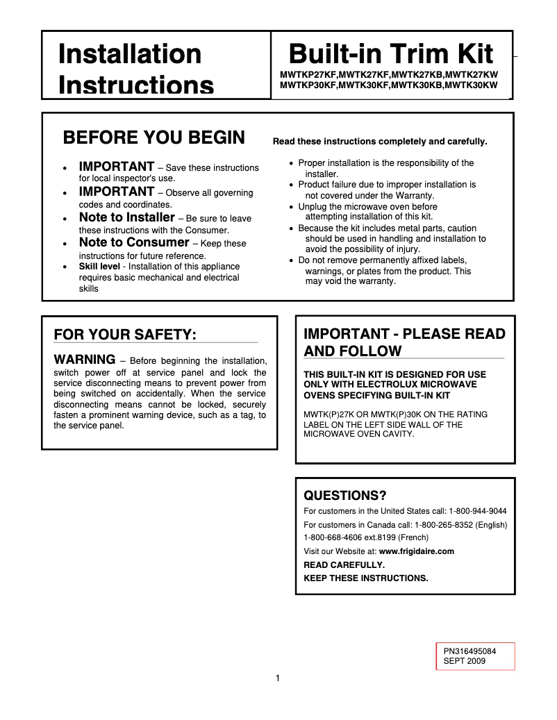 Página 1 del manual Manual de usuario Frigidaire MWTKP30KF