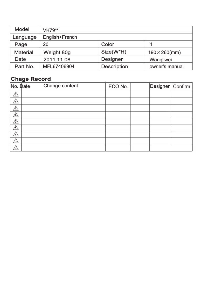 Page 1 de la notice Manuel utilisateur LG VC9062CV