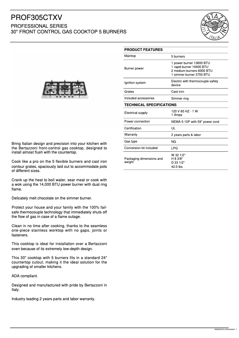Page 1 de la notice Fiche technique Bertazzoni PROF305CTXV