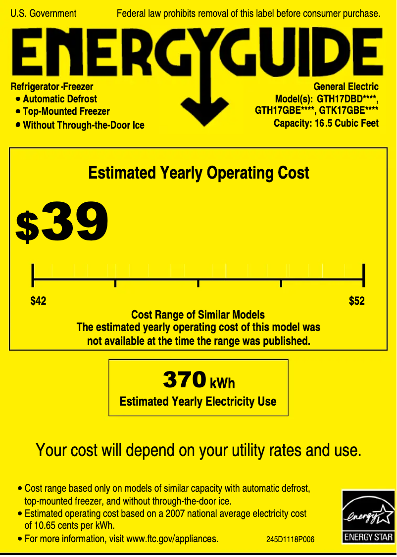 Page n°1 - Label énergétique GE GTK17GBEBS
