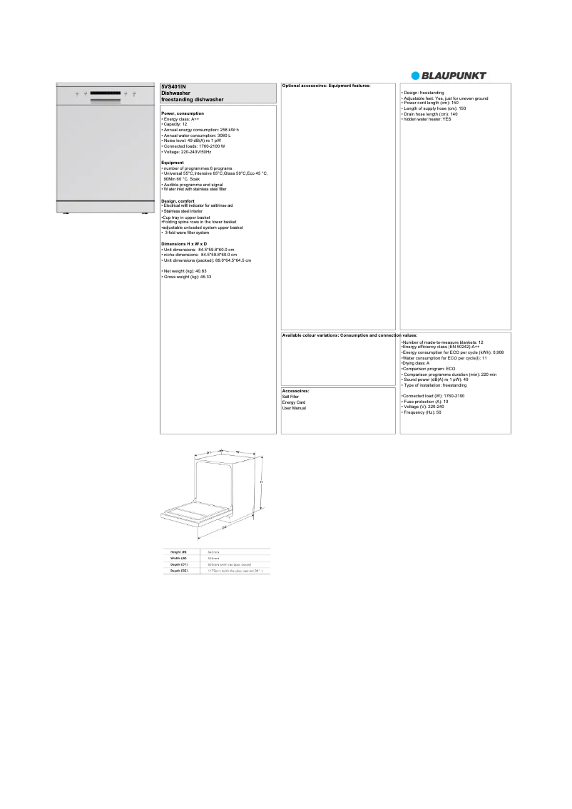 Page 1 de la notice Fiche technique Blaupunkt 5VS401IN