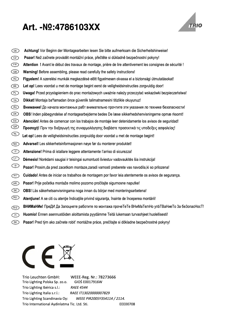 Page 1 de la notice Manuel utilisateur Trio Lighting Zidane 478610307