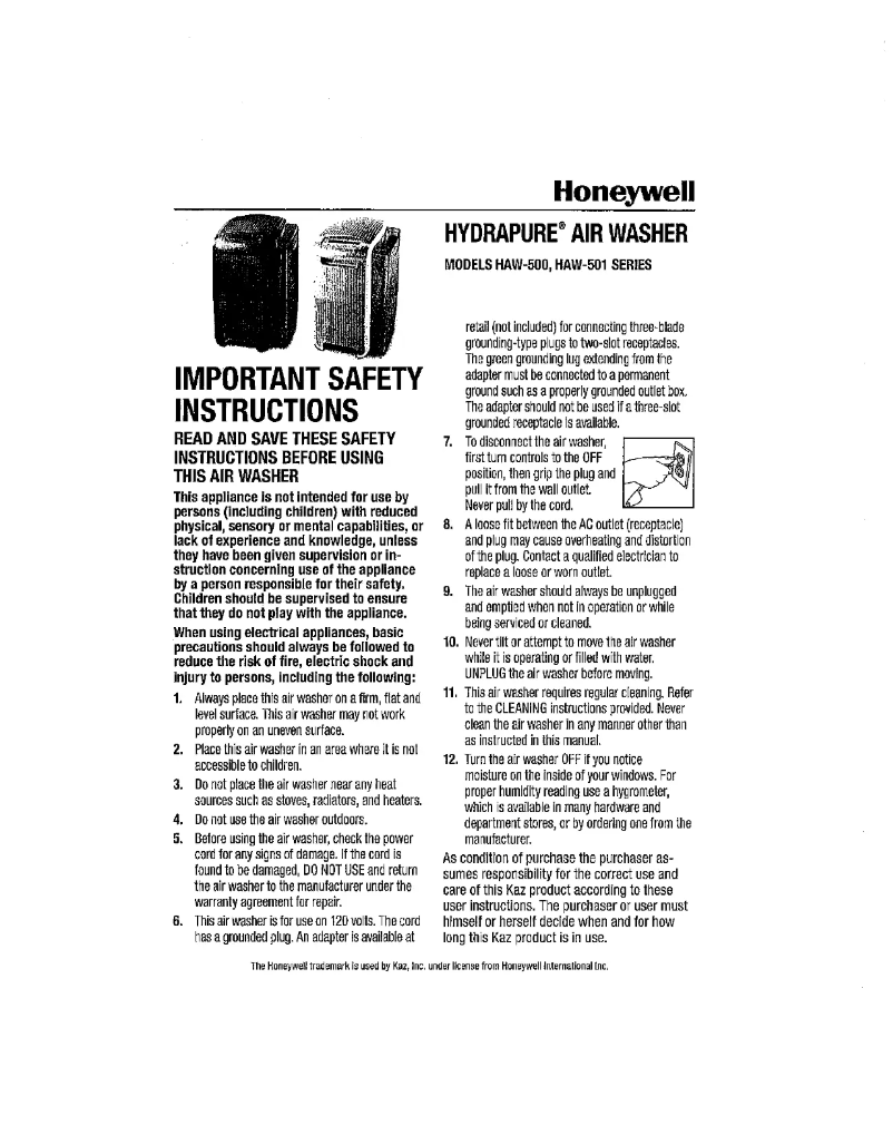 Page n°1 - Manuel utilisateur Honeywell HAW-501