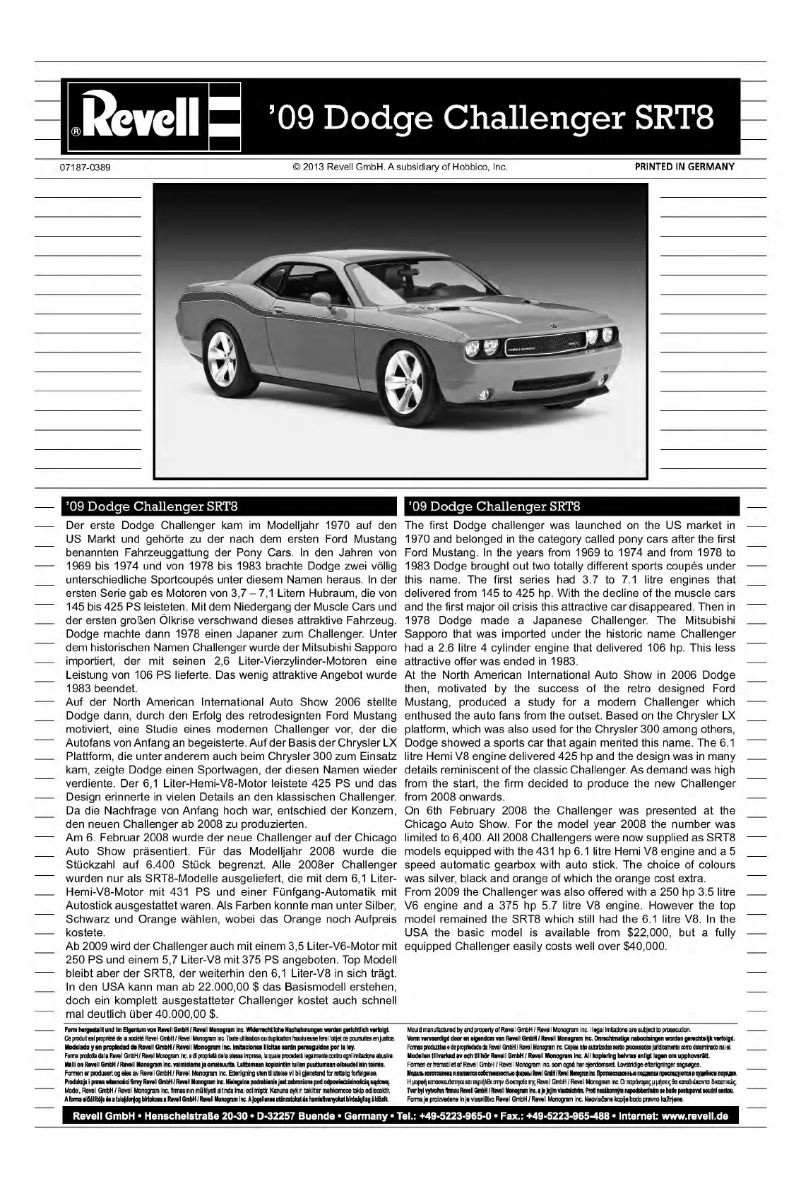 Page 1 de la notice Manuel utilisateur Revell 2009 Dodge Challenger SRT 8