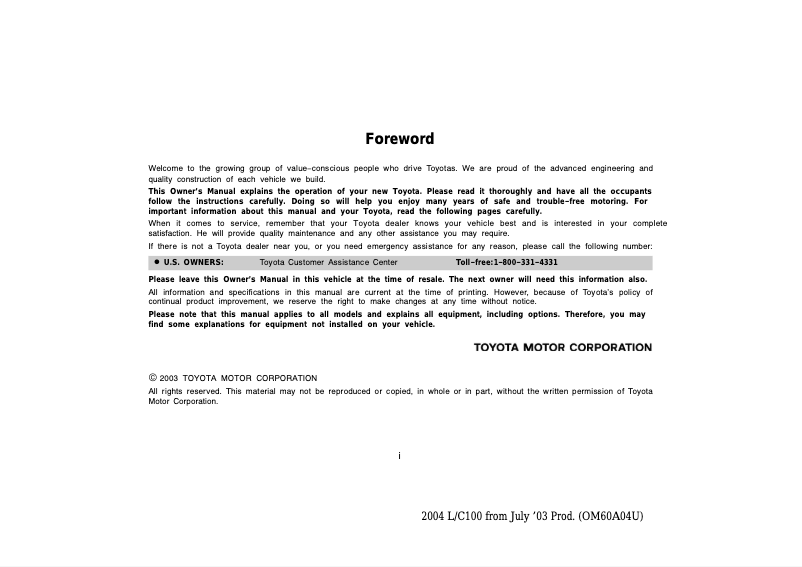 Page 1 de la notice Manuel utilisateur Toyota Land Cruiser (2004)