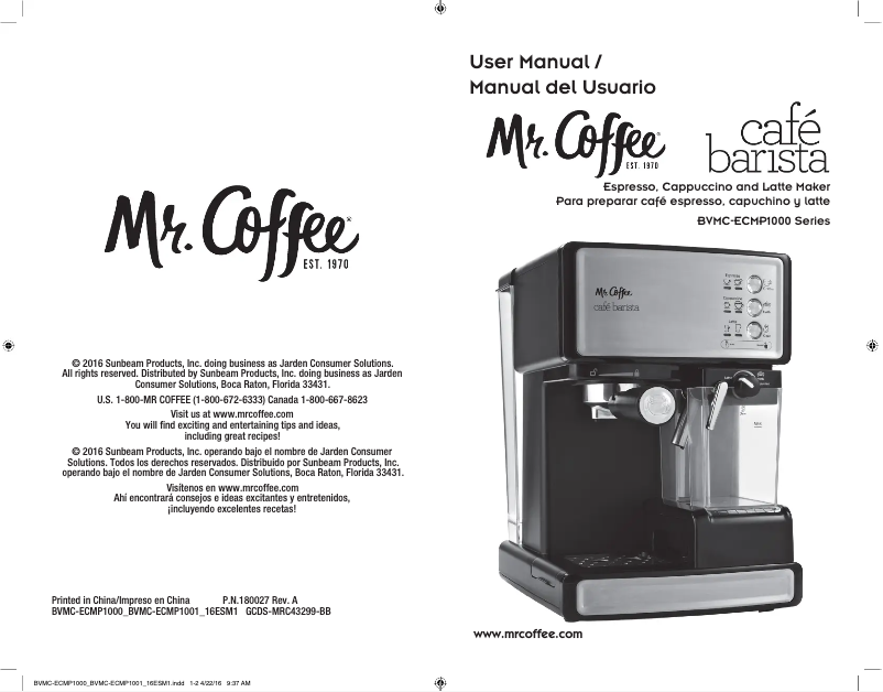 Page 1 de la notice Manuel utilisateur Mr. Coffee Café Barista