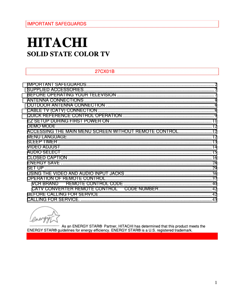 Page 1 de la notice Manuel utilisateur Hitachi 27CX01B