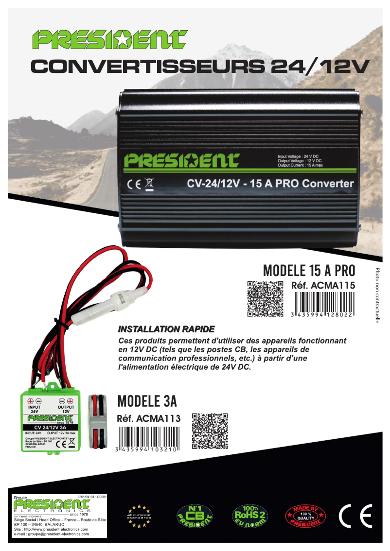 Page 1 de la notice Fiche technique President ACMA113