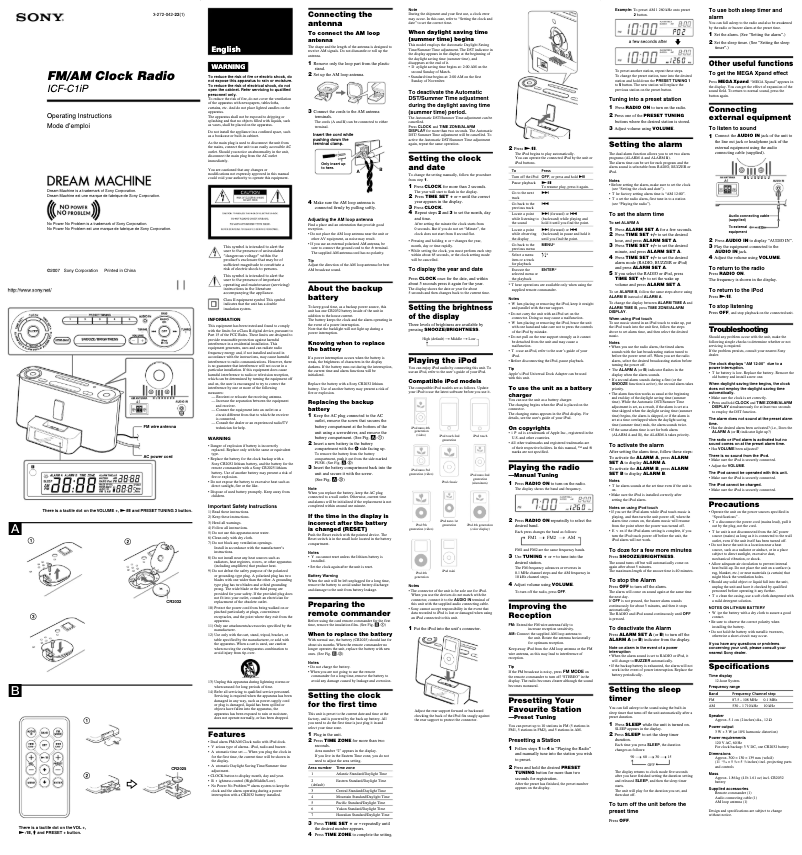 Page n°1 - Manuel utilisateur Sony ICF-C1IP