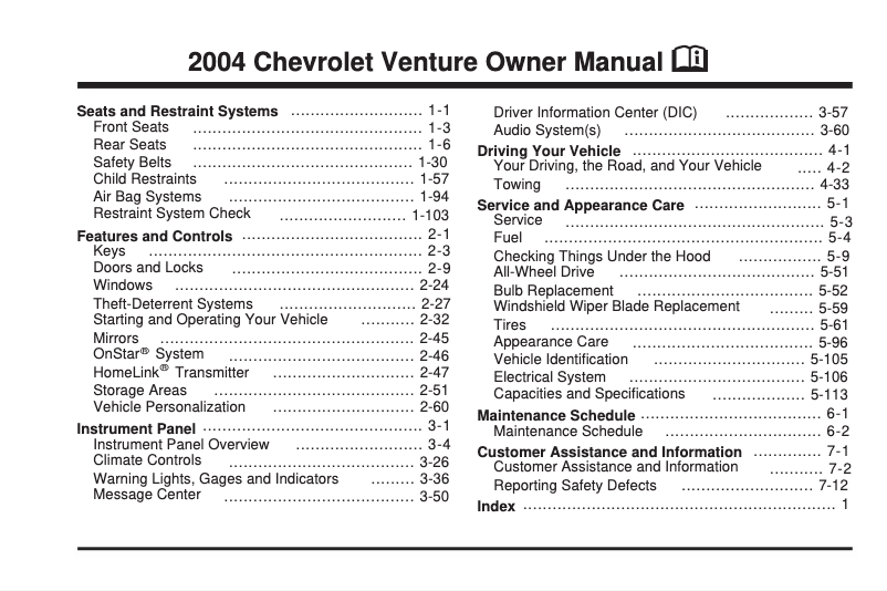 Page 1 de la notice Manuel utilisateur Chevrolet Venture (1999)