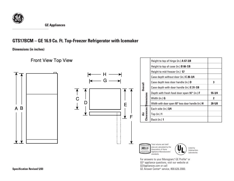 Page 1 of the manual Technical Sheet GE GTS17BCMRAA