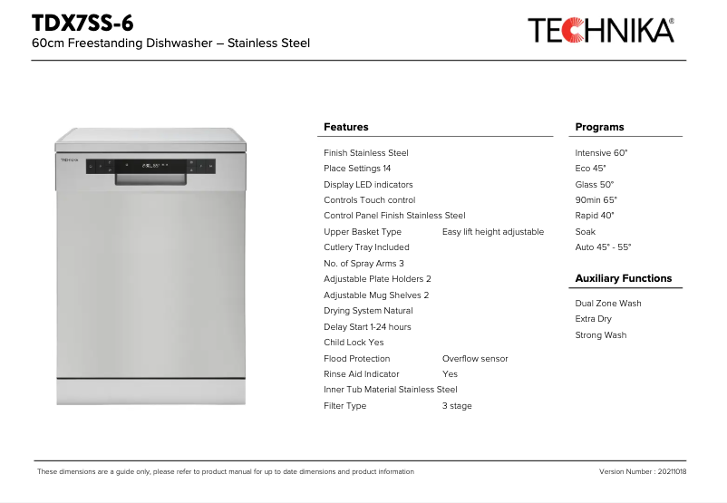 Page 1 de la notice Fiche technique Technika TDX7SS-6