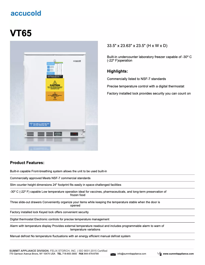 Image de la première page du manuel de l'appareil Accucold VT65