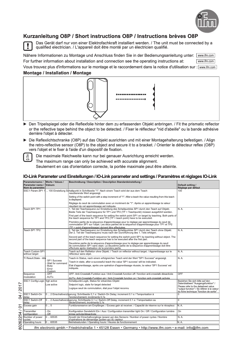 Page 1 de la notice Manuel utilisateur IFM O8P205