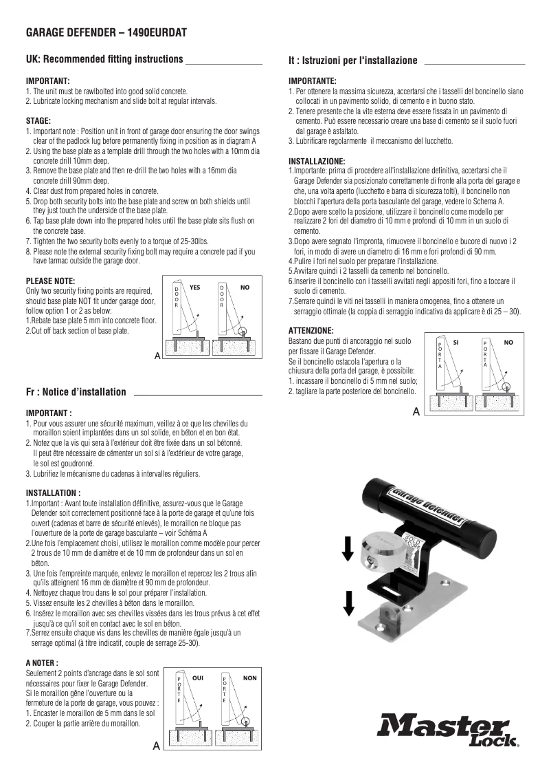 Page 1 de la notice Manuel utilisateur Master Lock 1490EURDAT