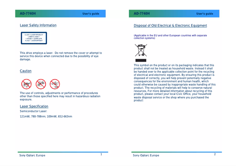 Page 1 de la notice Manuel utilisateur Sony Optiarc AD-7740H