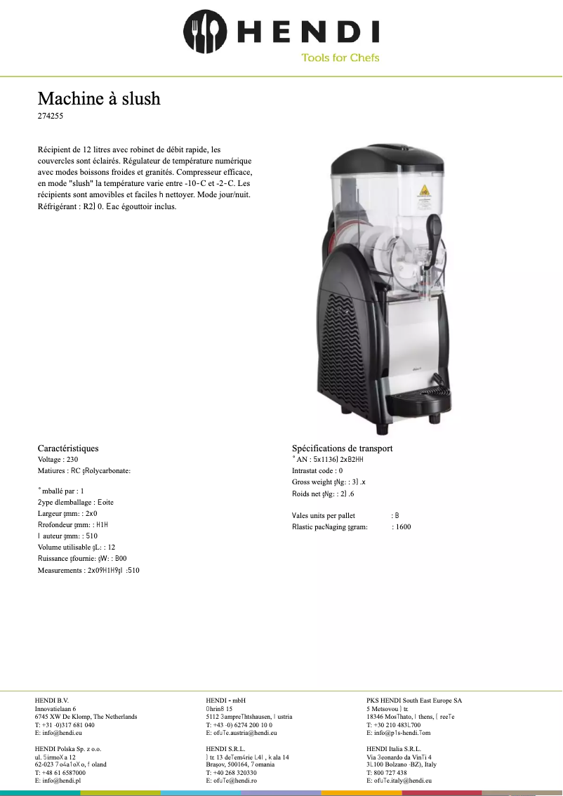Page 1 de la notice Fiche technique Hendi 274255
