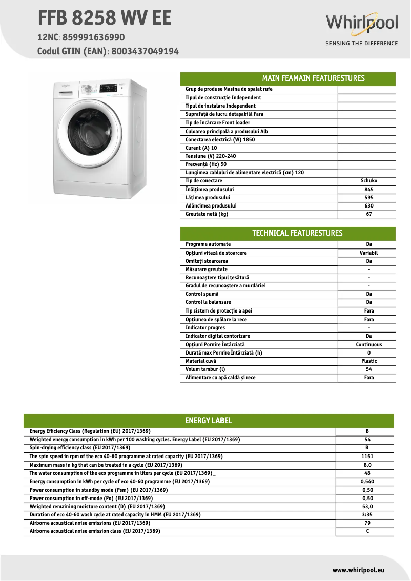 Page n°1 - Fiche technique Whirlpool FFB 8258 WV EE