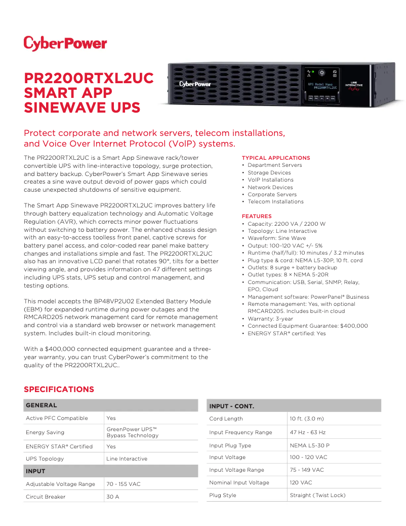Page n°1 - Fiche technique CyberPower PR2200RTXL2UC