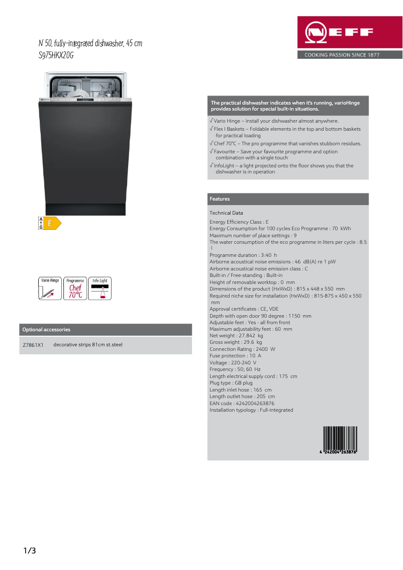 Page 1 de la notice Fiche technique Neff S975HKX20G
