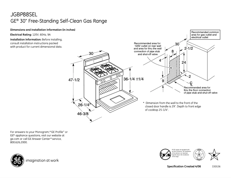 Page 1 of the manual Technical Sheet GE JGBP88SELSS