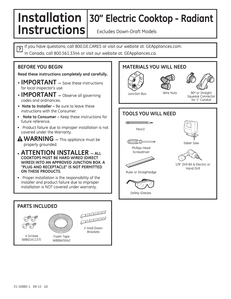 Page n°1 - Guide d'installation GE Profile PP9030SJSS