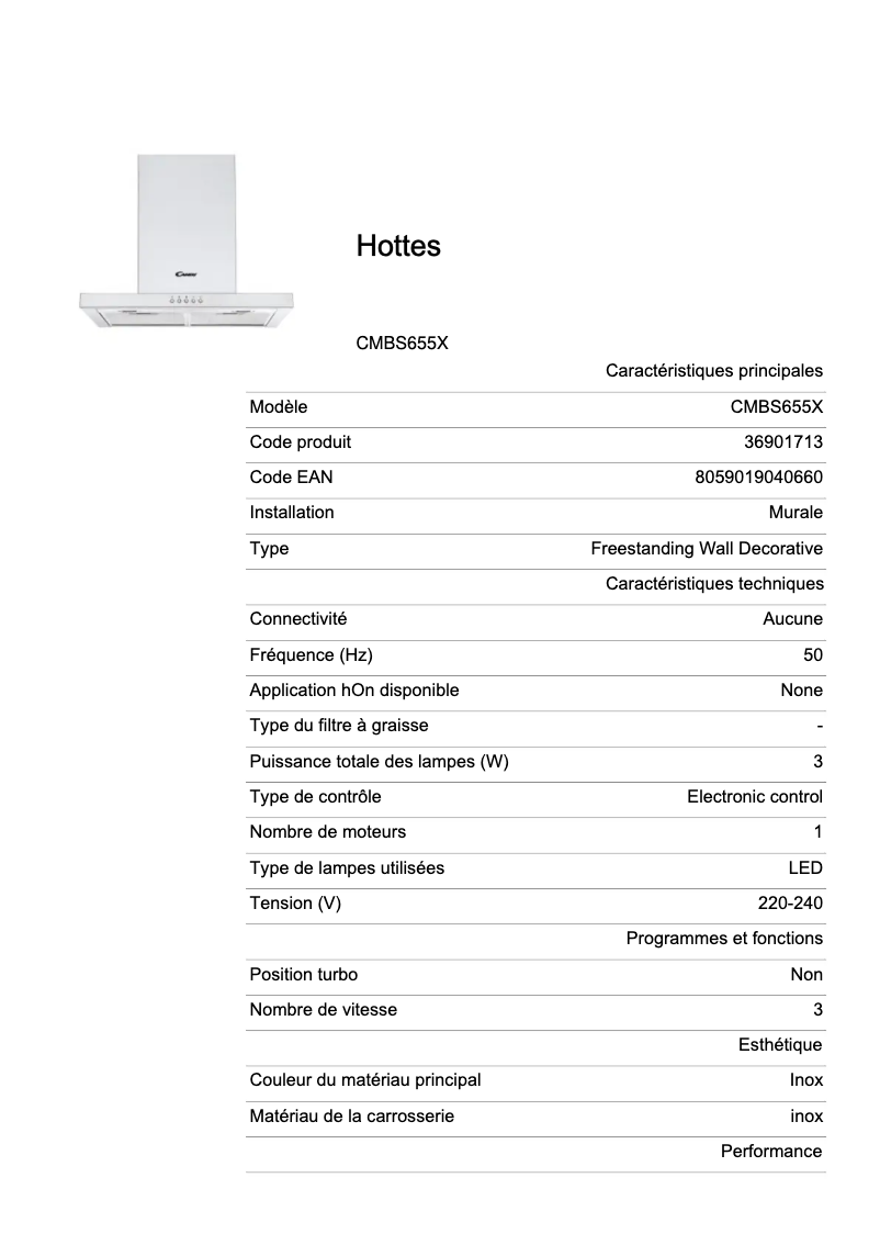 Page 1 de la notice Fiche technique Candy CMBS655X