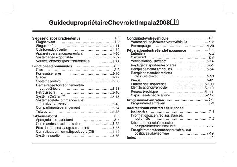 Page 1 de la notice Manuel utilisateur Chevrolet Impala (2008)